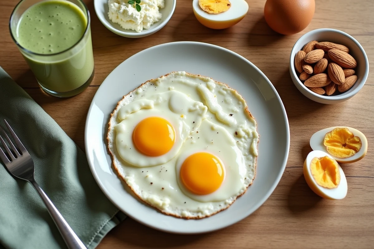 Vue de dessus d'un petit-déjeuner riche en protéines avec des œufs, du fromage blanc, des amandes et un smoothie protéiné sur une table en bois