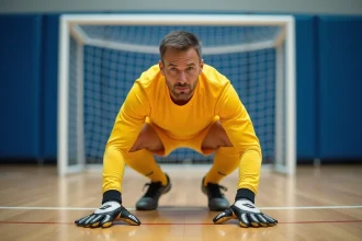 Gardien de cécifoot voyant en position défensive devant le but dans un gymnase