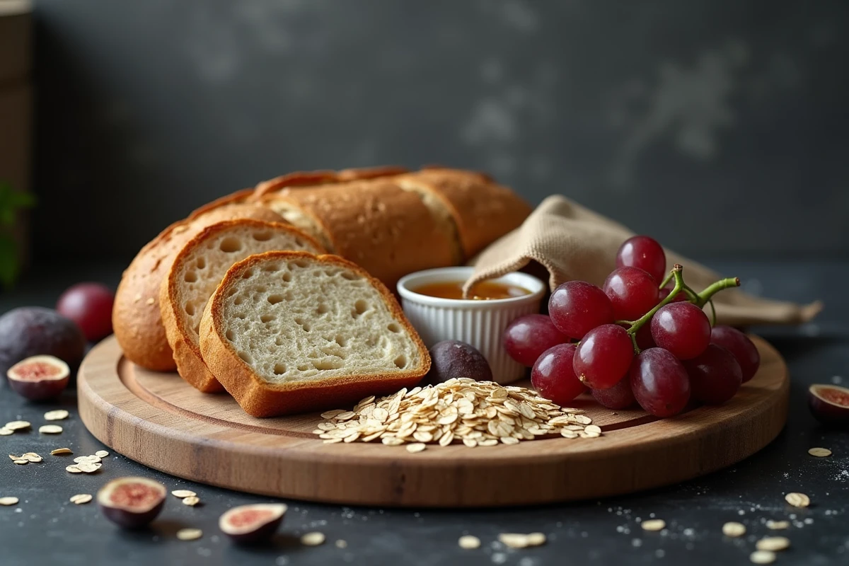 Planche de bois avec pain complet au levain, flocons d'avoine, raisins, figues et miel, représentant les glucides naturels et sains