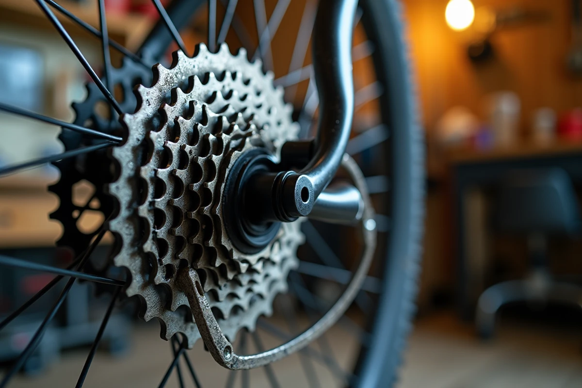 Gros plan sur le grand pignon d'une cassette vélo dans un atelier mécanique