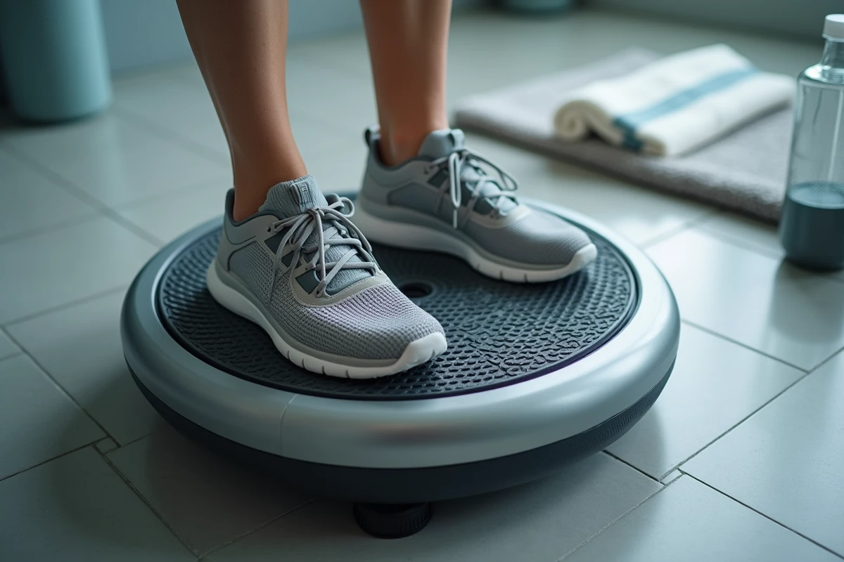 Gros plan sur des baskets posées sur la surface texturée d'une plateforme vibrante