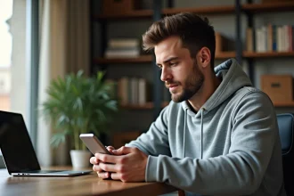Homme utilisant une application de suivi sportif sur smartphone à son bureau à domicile