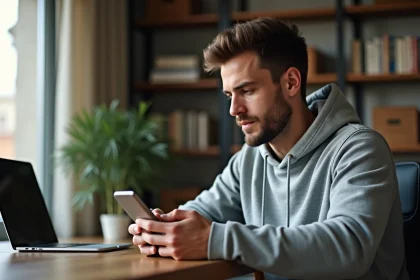 Homme utilisant une application de suivi sportif sur smartphone à son bureau à domicile