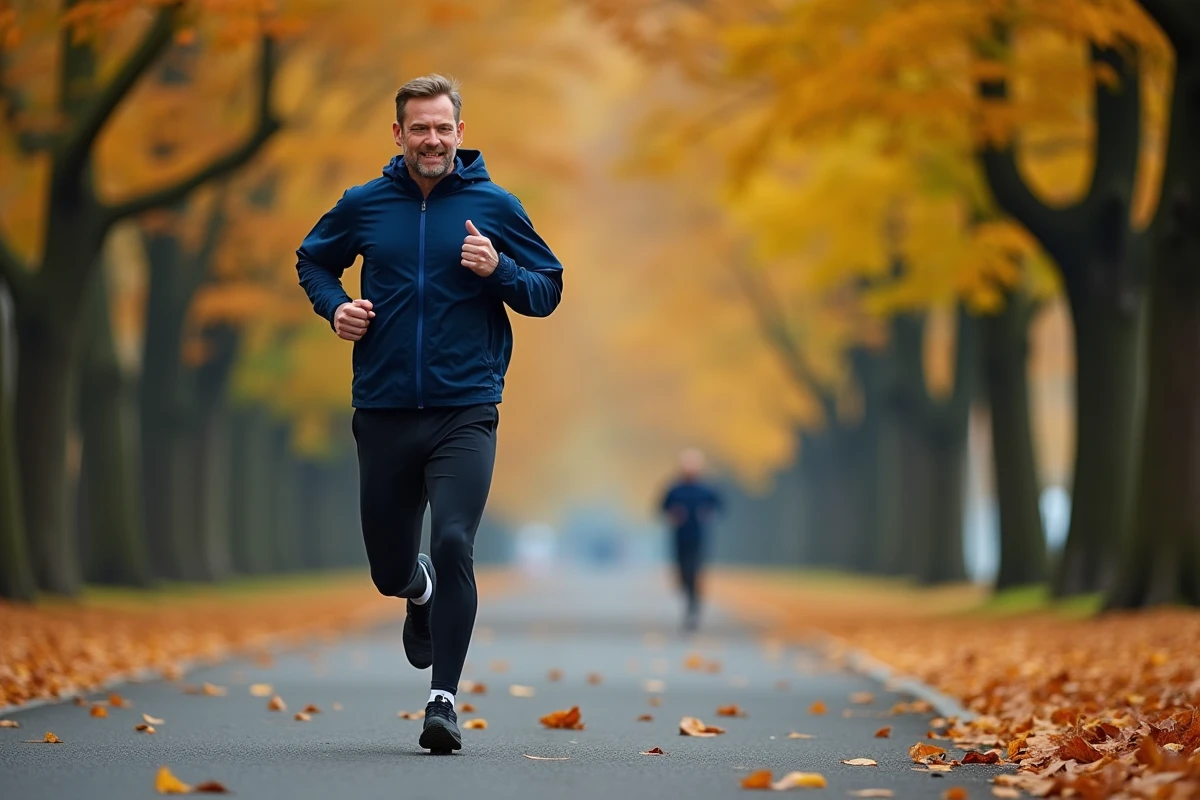 Homme qui court dans un parc en automne pour lutter contre le stress