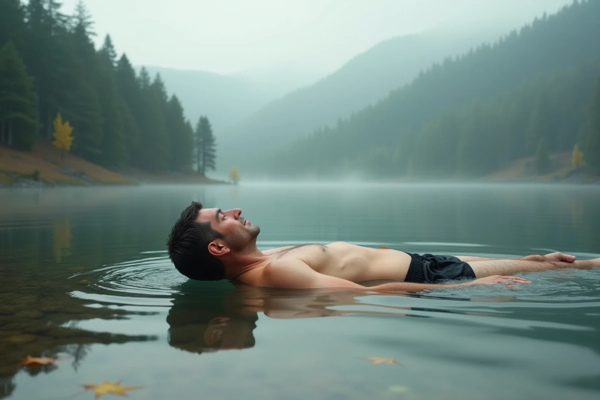 Homme flottant sur le dos dans un lac de montagne entouré de forêt de pins, expression détendue, atmosphère brumeuse et contemplative au lever du jour