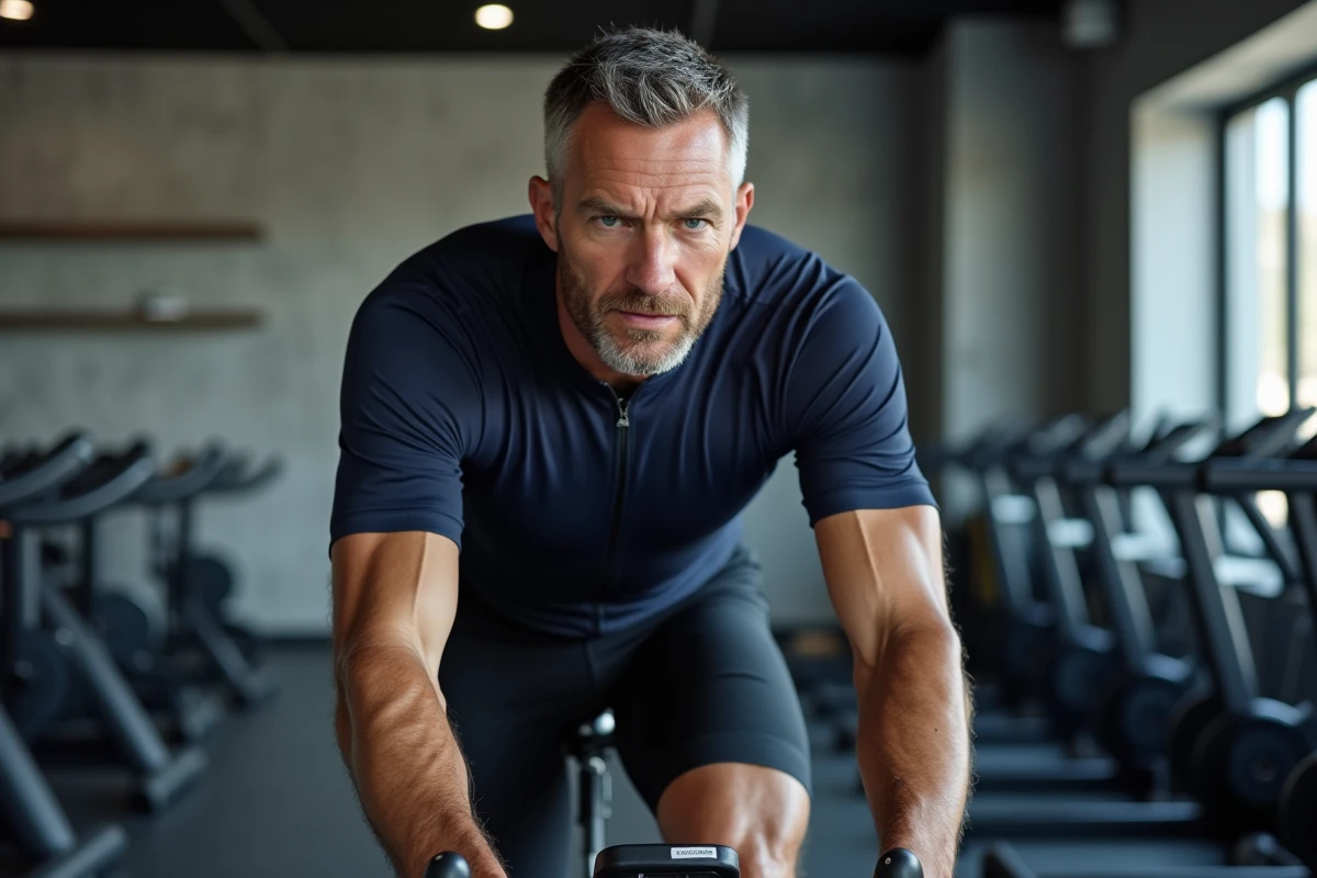 Homme en salle de fitness sur un vélo stationnaire avec rangée de vélos en arrière-plan