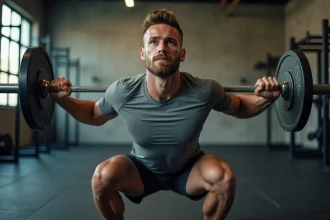 Homme musclé effectuant un squat avec haltère en salle de musculation pour prendre du muscle
