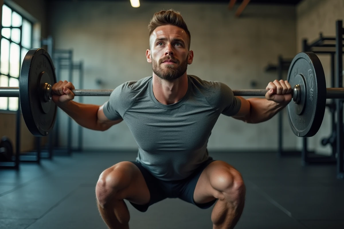 Homme musclé effectuant un squat avec haltère en salle de musculation pour prendre du muscle