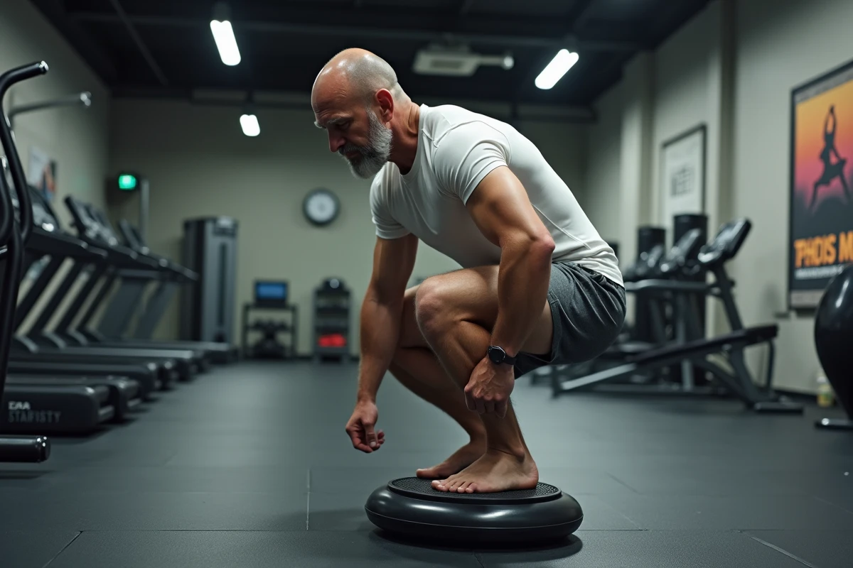Homme en position de squat sur une plateforme vibrante dans une salle de fitness professionnelle