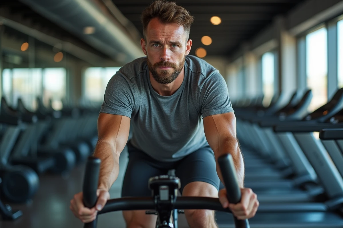 Homme faisant du vélo stationnaire en salle de sport pour brûler des calories et perdre du poids