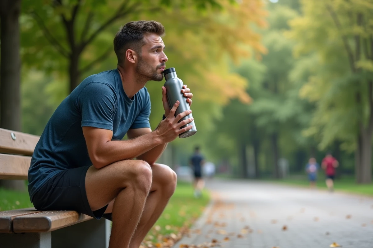 Coureur masculin qui boit de l'eau depuis une gourde de sport dans un parc avant sa séance de running