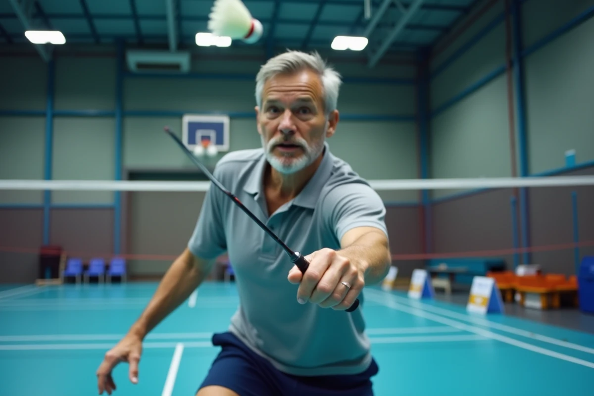 Joueur de badminton amateur frappant le volant par-dessus le filet dans une salle de sport communautaire