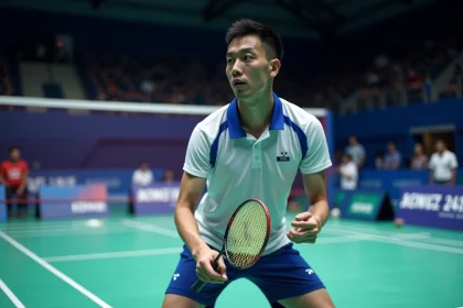 Joueur de badminton professionnel tenant une raquette Yonex Astrox sur un terrain indoor, tenue Yonex blanche et bleue