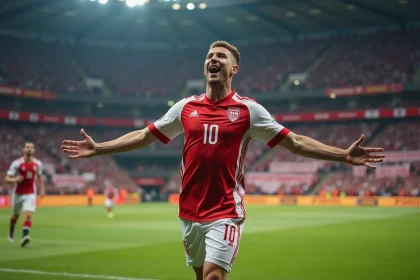 Joueur de football professionnel célébrant un but dans un stade rempli de supporters enthousiastes