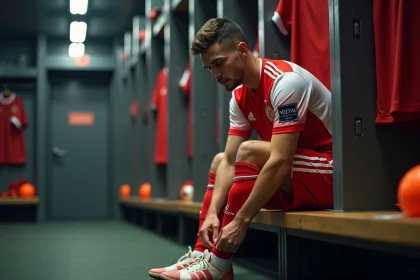 Joueur de football professionnel qui lace ses crampons dans le vestiaire avant une compétition