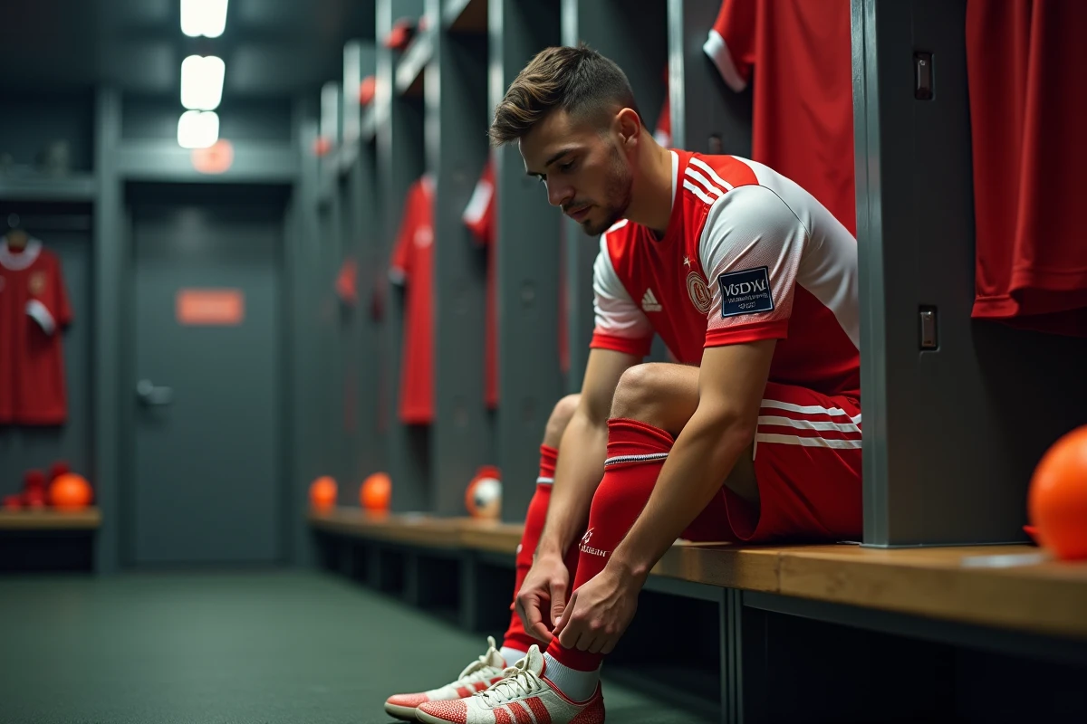 Joueur de football professionnel qui lace ses crampons dans le vestiaire avant une compétition