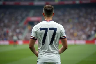 Joueur de football professionnel portant le numéro 77 sur son maillot blanc lors d'un match en stade