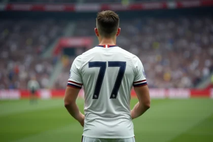 Joueur de football professionnel portant le numéro 77 sur son maillot blanc lors d'un match en stade