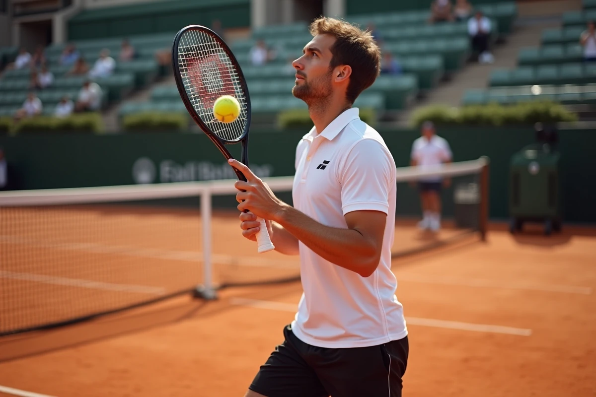 Joueur de tennis tenant une raquette Babolat sur un court en terre battue, prêt à servir lors d'un match compétitif