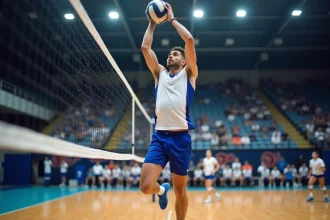 Joueur de volleyball masculin effectuant un contre au filet lors d'un match en salle