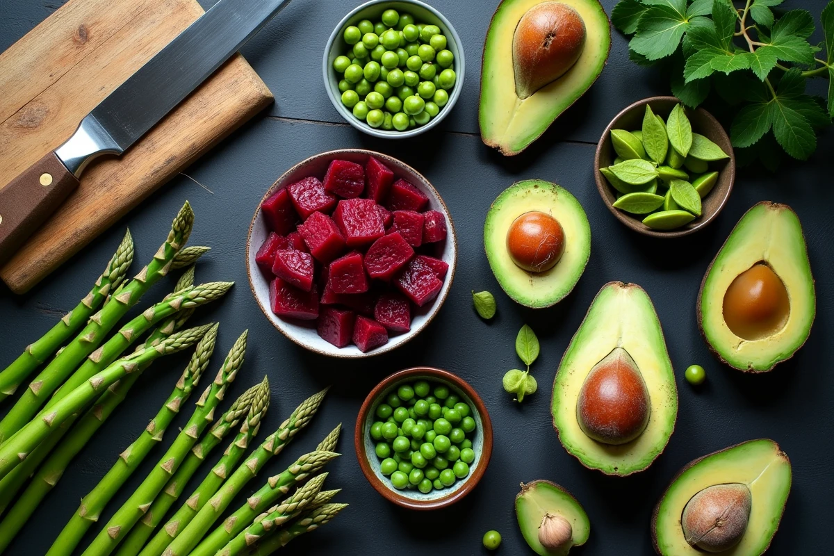 Vue aérienne de légumes riches en protéines pour la musculation disposés sur une ardoise sombre