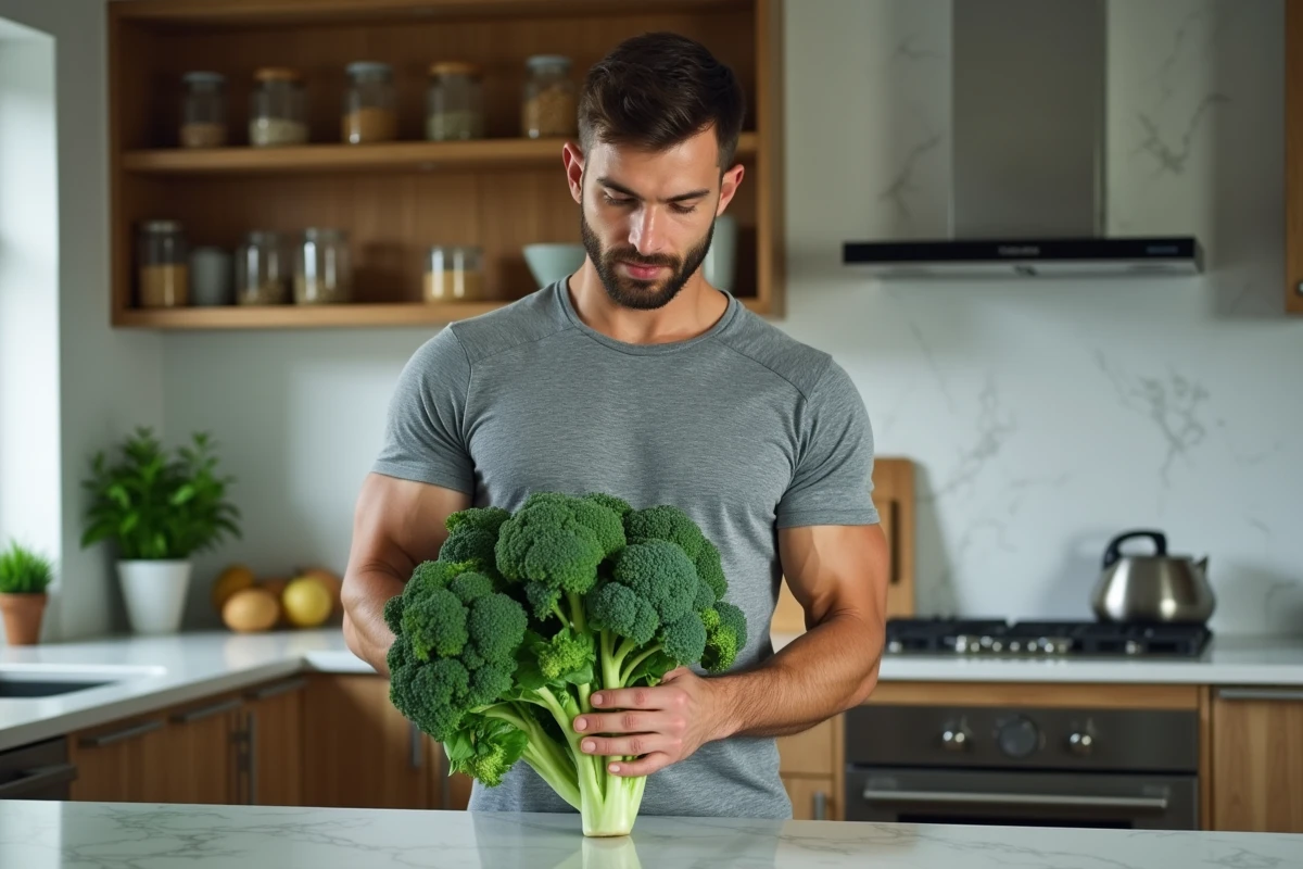 Homme sportif tenant des légumes verts riches en protéines comme le brocoli et les épinards dans une cuisine moderne