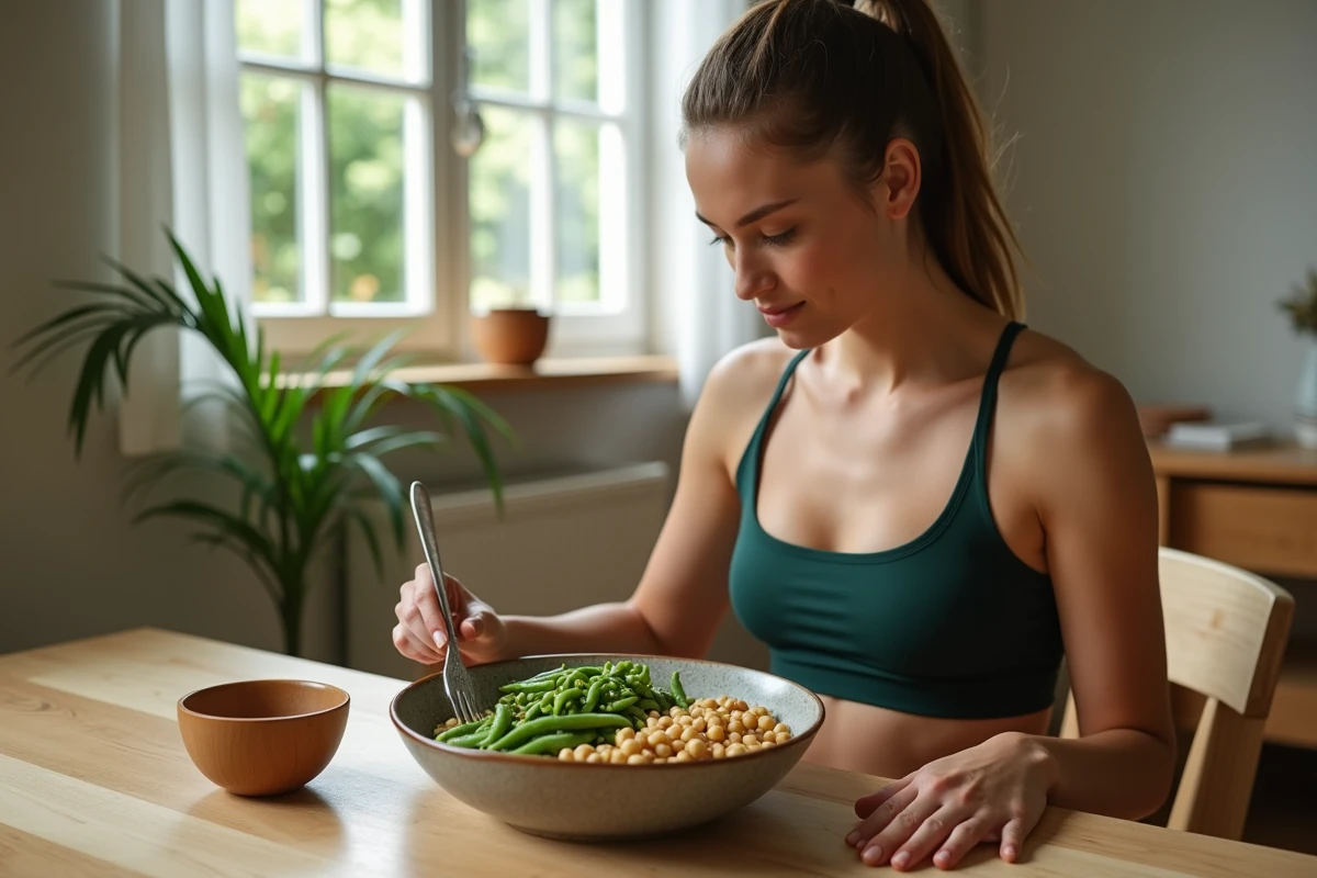 Femme athlétique devant un bol de légumineuses et légumes verts pour la prise de muscle à table