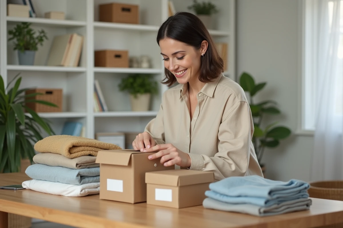 Femme organisant des boîtes et vêtements selon la méthode 5 10 15 dans un intérieur épuré et rangé