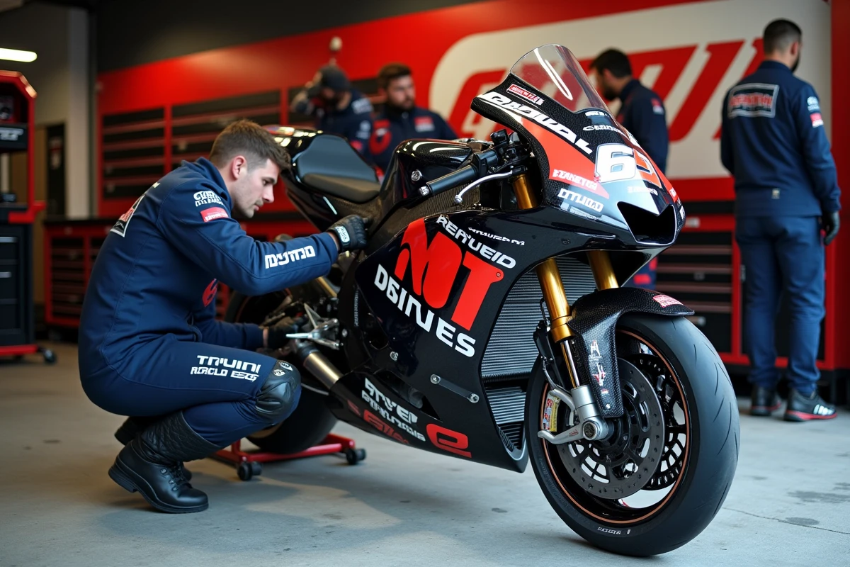Moto2 dans le garage des stands avec mécaniciens effectuant des réglages techniques sur la moto de course