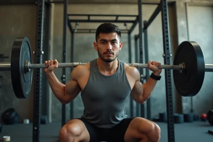 Homme faisant des squats avec haltère en salle de musculation, illustrant l'entraînement quotidien en musculation