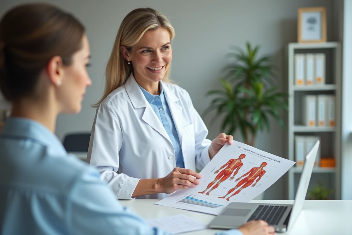 Nutritionniste présentant un schéma anatomique sur la répartition des graisses et des muscles dans un cabinet de consultation