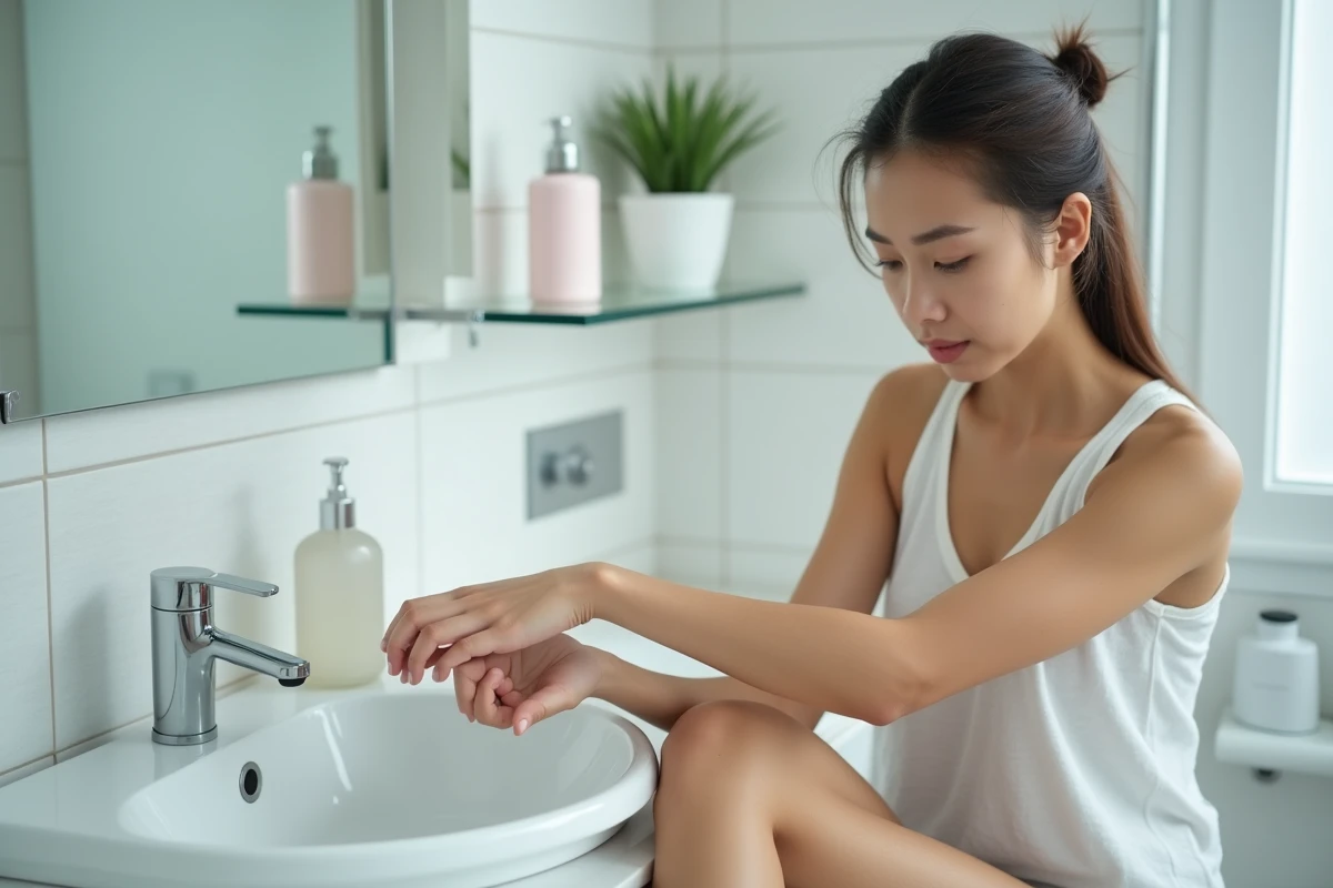 Jeune femme inspectant la sécheresse de sa peau dans une salle de bain, symptôme de déshydratation