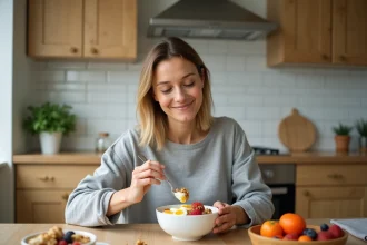 Femme mangeant un petit-déjeuner riche en protéines avec des œufs, du yaourt grec et des noix dans une cuisine moderne