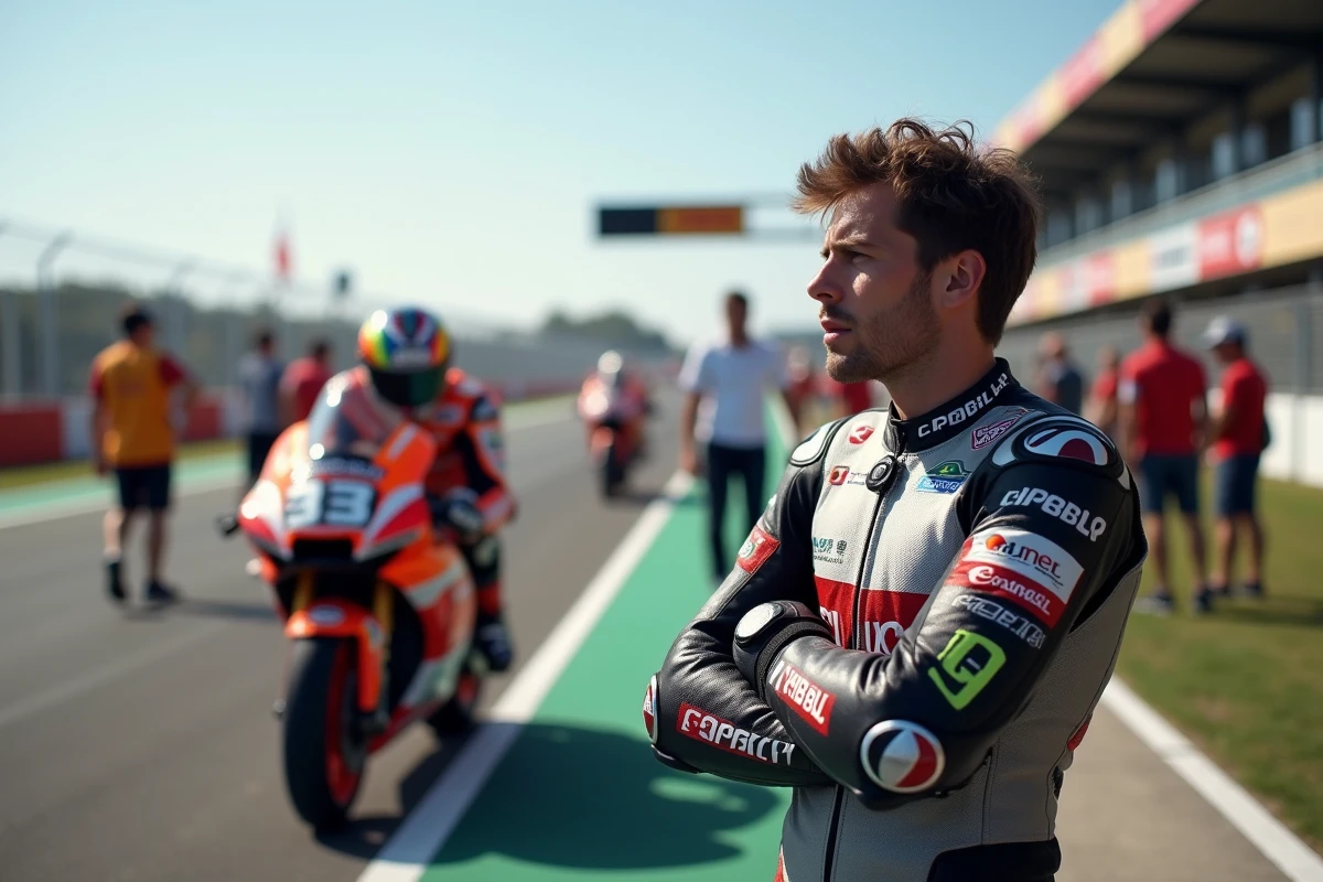 Pilote Moto2 sur la grille de départ avant la course, casque sous le bras, entouré de son équipe technique