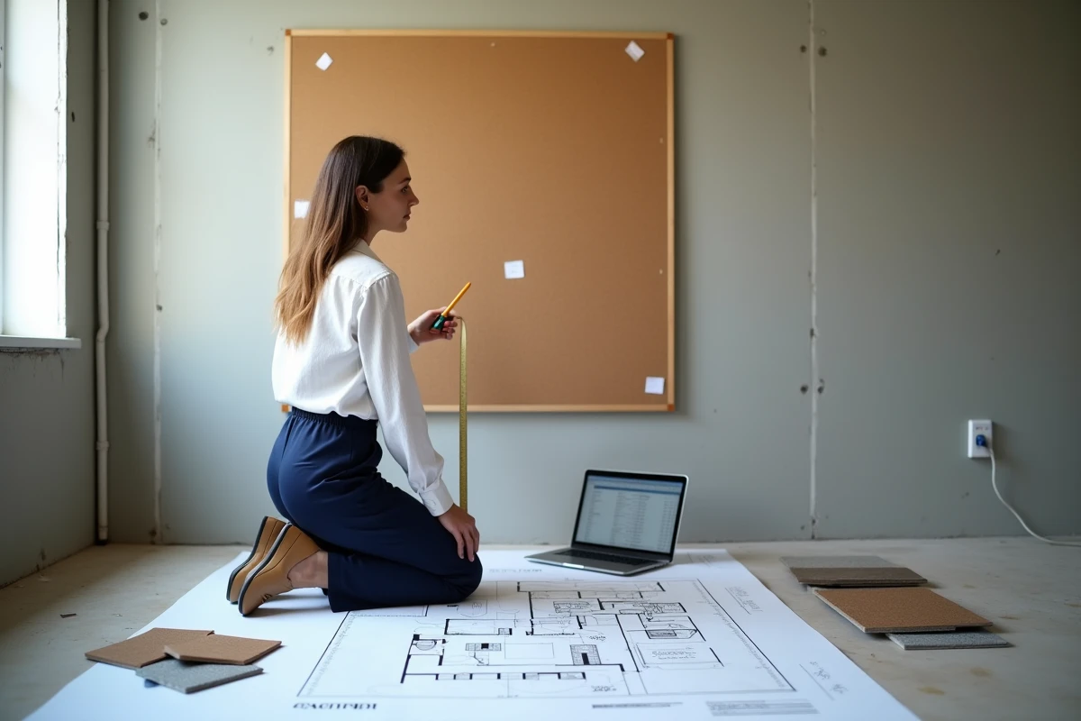 Designer d'intérieur planifiant l'aménagement et le budget d'une salle de sport dans une pièce vide avec plans au sol et échantillons de matériaux