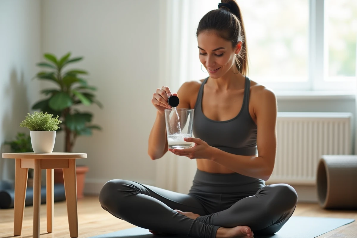 Femme préparant une boisson isotonique avant une séance de yoga à domicile pour une bonne hydratation sportive