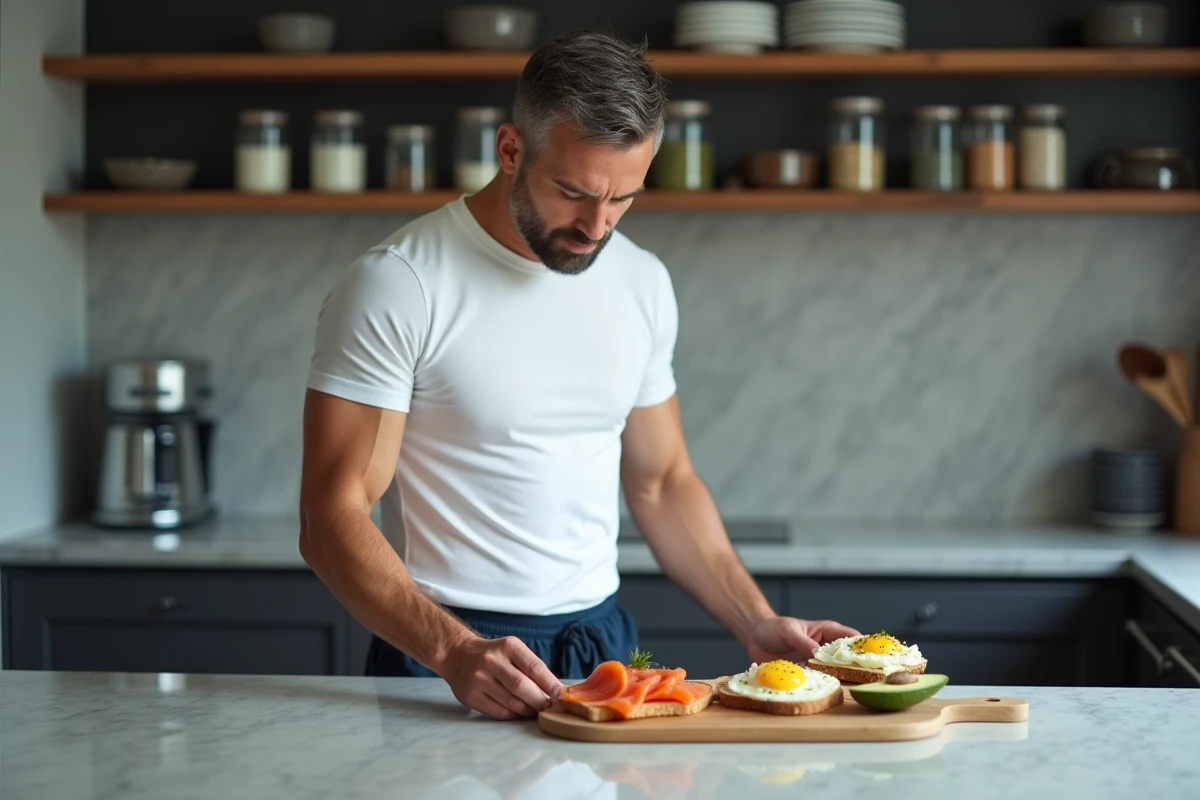Homme préparant un petit-déjeuner protéiné avec des œufs brouillés, du saumon fumé et de l'avocat dans un appartement moderne