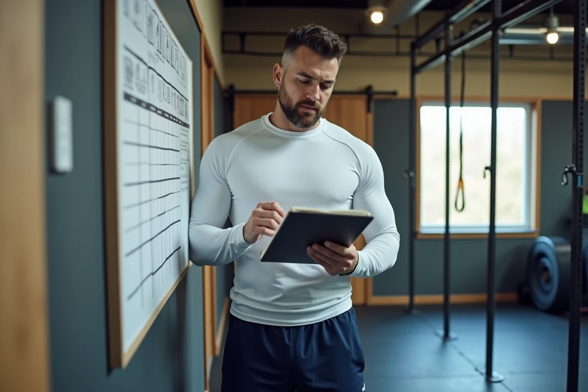Homme consultant son programme d'entraînement en musculation dans une salle de sport à domicile, planifiant ses séances quotidiennes