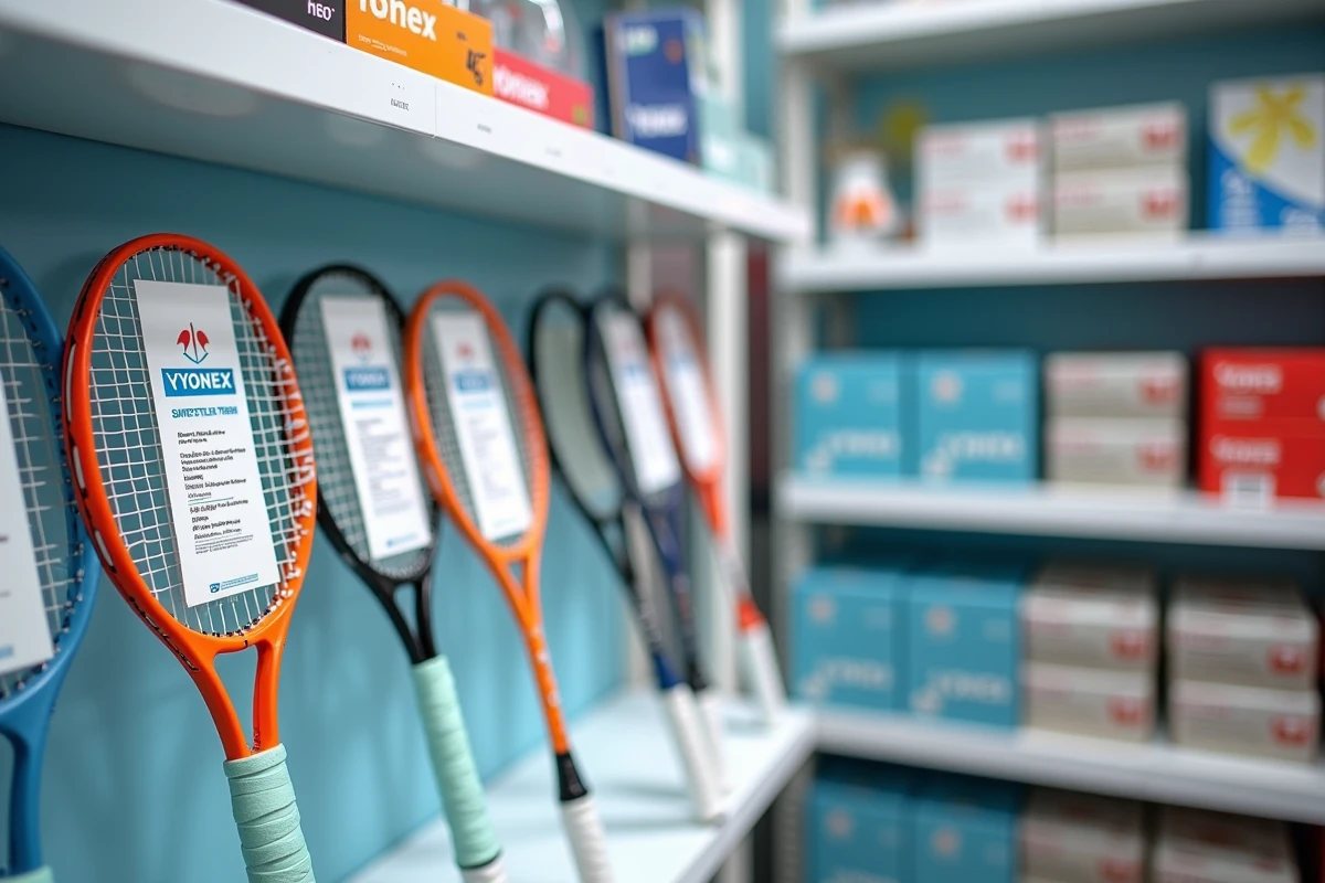Plusieurs raquettes Yonex de badminton et de tennis exposées dans un magasin de sport, logo Yonex visible sur les cadres