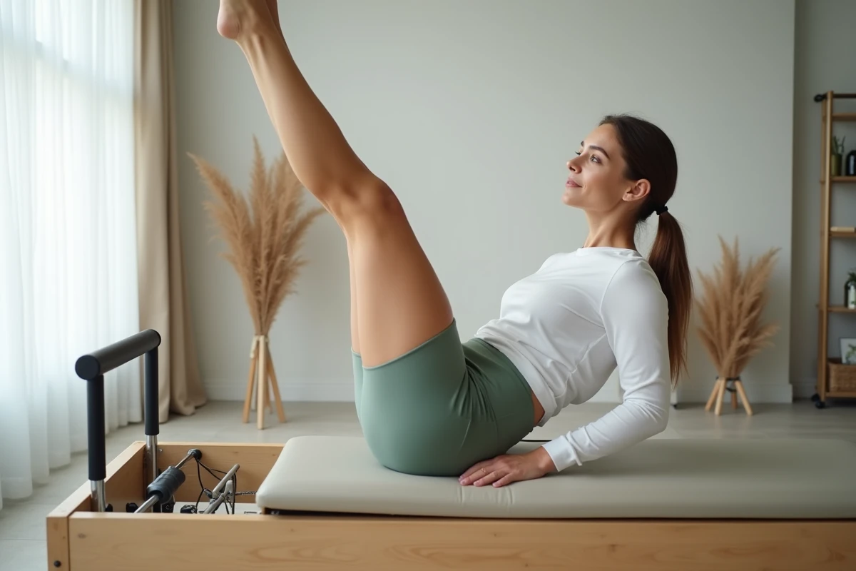 Femme effectuant des cercles de jambes sur reformer Pilates pour affiner la taille et perdre du ventre