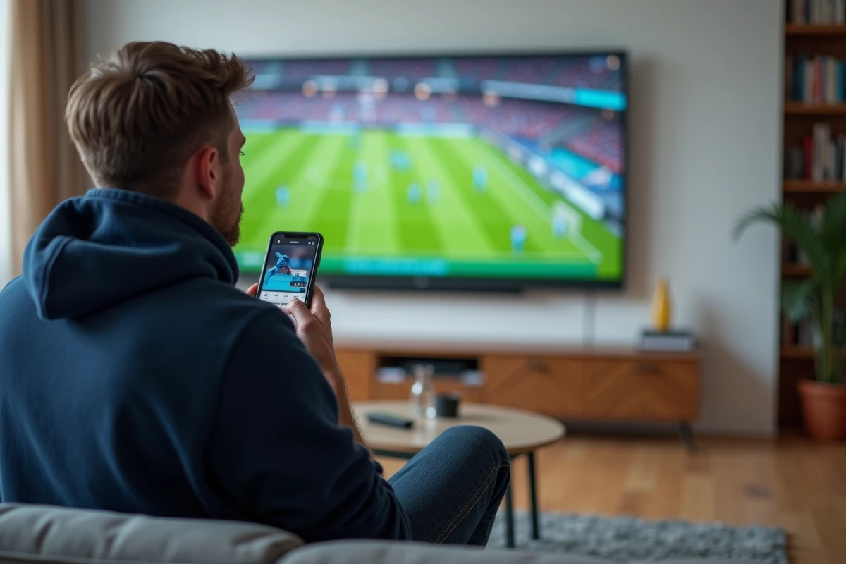 Homme regardant un match de sport en direct sur un grand écran télé dans son salon moderne