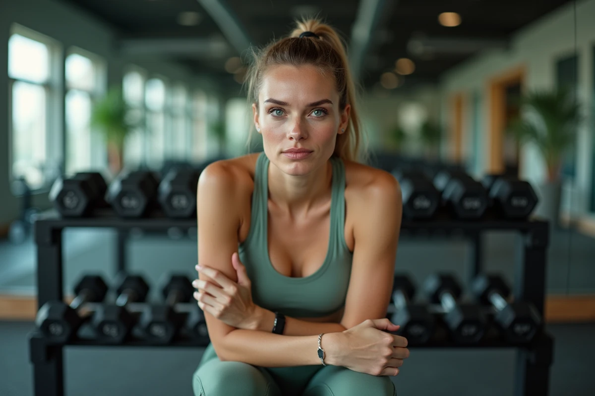 Femme en pause après une séance de musculation intense, assise sur un banc de gym avec une expression de fatigue réfléchie