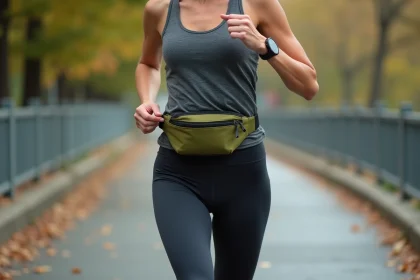 Femme courante avec un sac banane porté à l'avant de la taille sur un chemin urbain en automne
