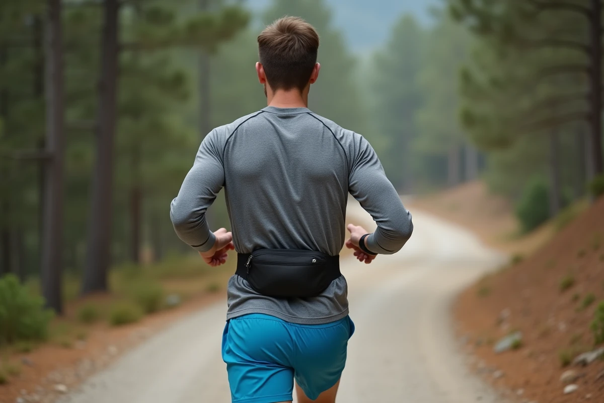 Coureur masculin avec sac banane porté dans le dos sur un sentier forestier en gravier