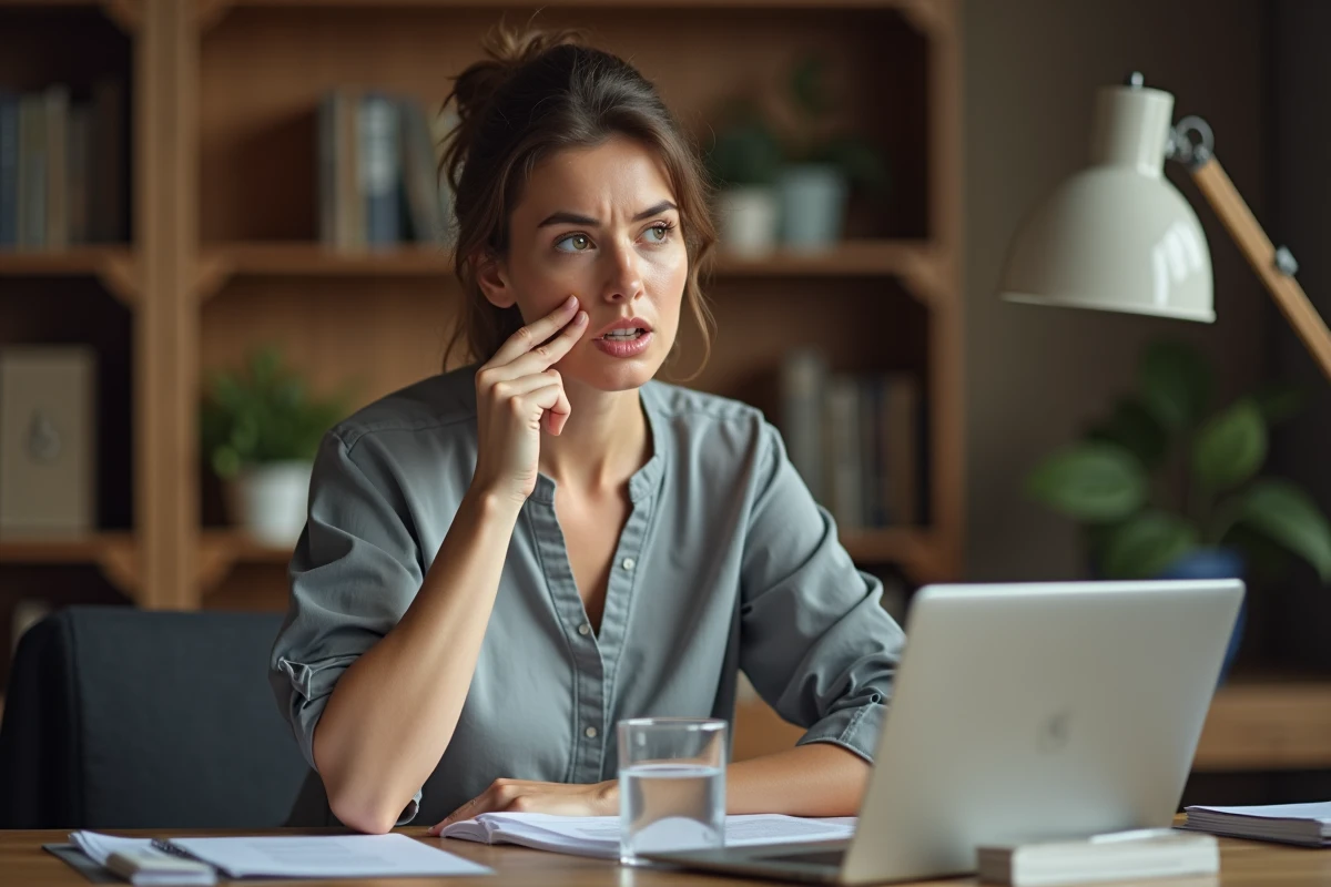 Femme fatiguée avec les lèvres sèches au bureau, signe de déshydratation