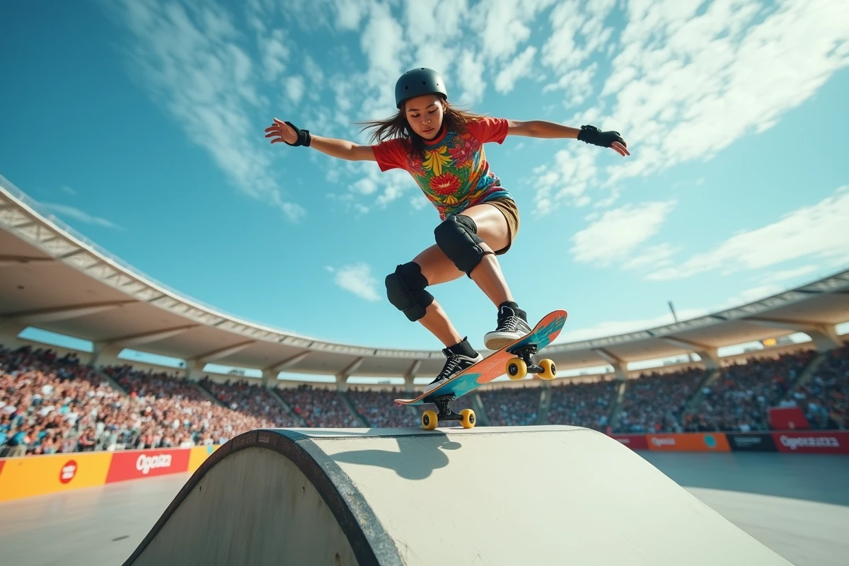 Skateboardeuse professionnelle en plein saut lors d'une compétition aux Jeux Olympiques
