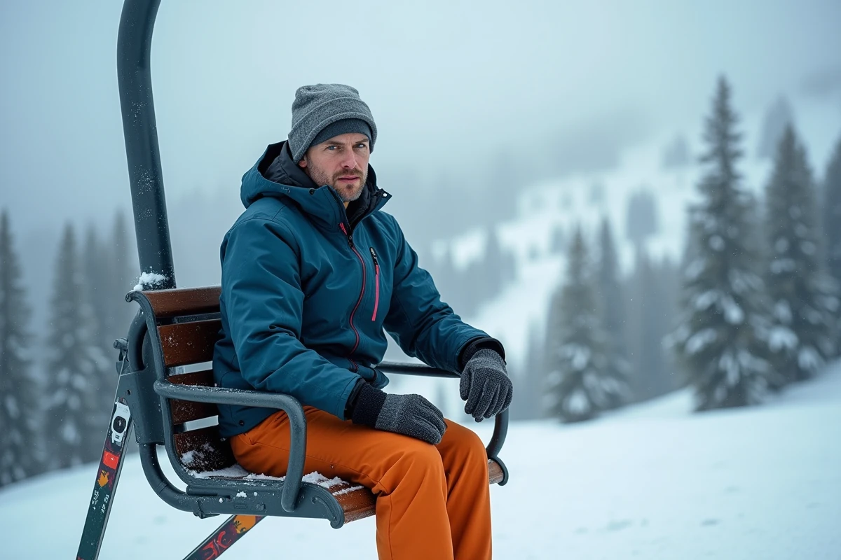 Skieur mal équipé sur un télésiège avec vêtements inadaptés au froid et à la neige