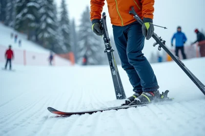 Skieur de randonnée avec peaux de phoque descendant une piste damée dans une station alpine