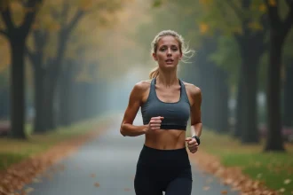 Femme qui fait du jogging à jeun le matin dans un parc pour perdre du poids