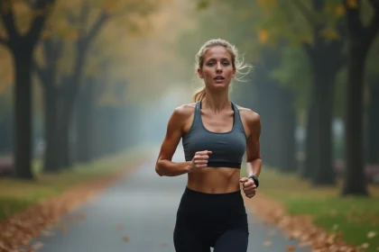 Femme qui fait du jogging à jeun le matin dans un parc pour perdre du poids